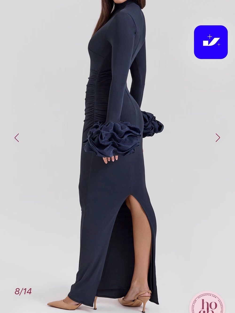 House of CB Fabienne Navy Long-Sleeve Maxi Gown with Floral Cuffs - Picture 7 of 9